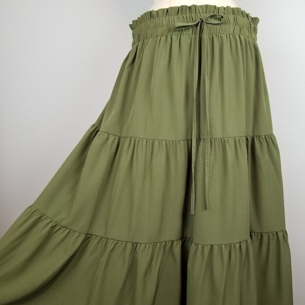 Classic Olive Green Tiered Midi Length Boho Skirt Lades Size XL